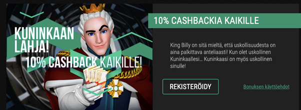 King Billy kasinolta joka torstai 10% cashback bonus.